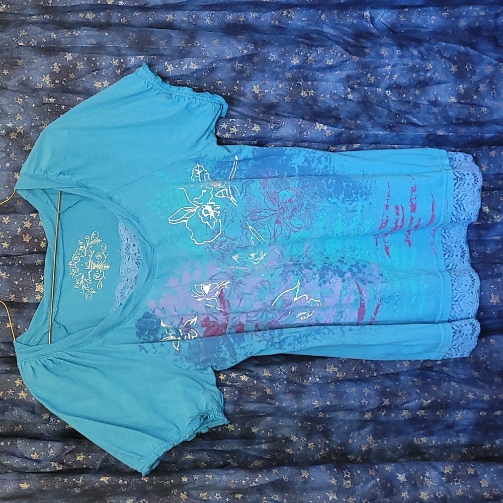 🍂3/$10 Gloria Vanderbilt Blue Cotton & Lace Blouse w/Elastic Ruffle Sleeves